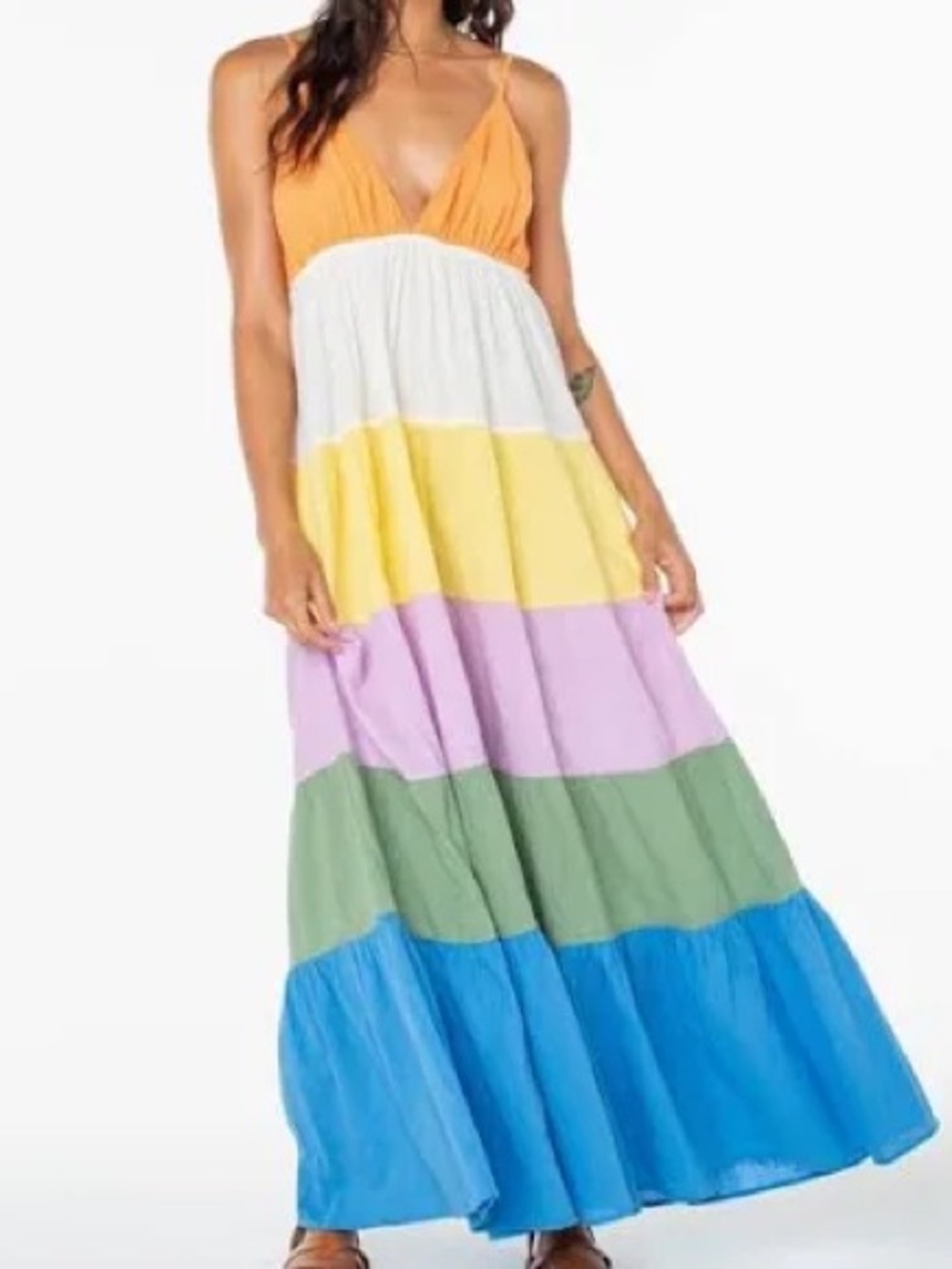 ROXY Boho Multi-Stripe Maxi Dress Summer 100% Cotton Beachy Colorblock